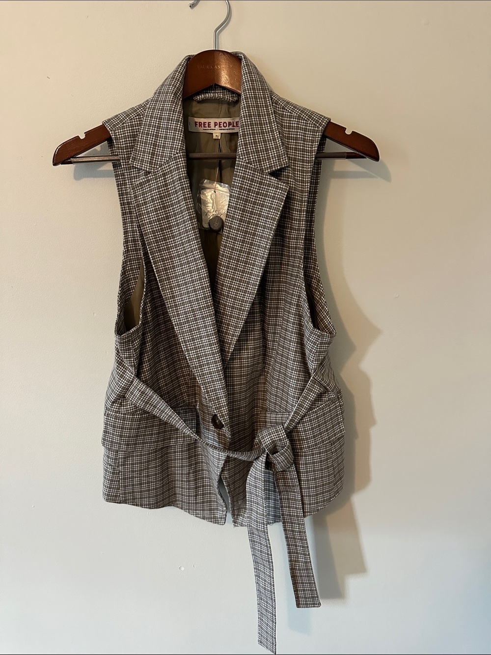 Free People Plaid Tie-Waist Sleeveless Blazer Vest in Gray and Cream